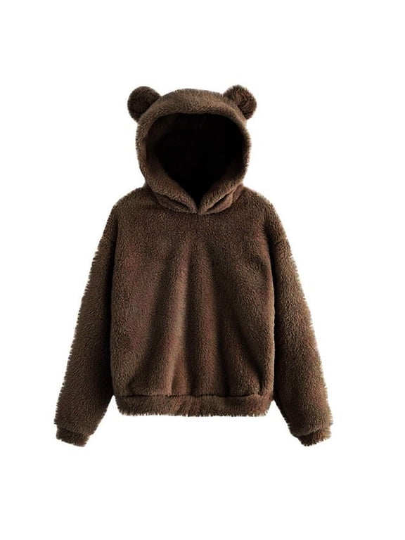 Hoodies for Women,Bear Ears Hooded Sweatshirt Cute Warm Pullover Top Casual Loose Fall Winter Outerwear Cozy Novelty Design Lounge Wear,Sweatshirt for Women,Coffee,L