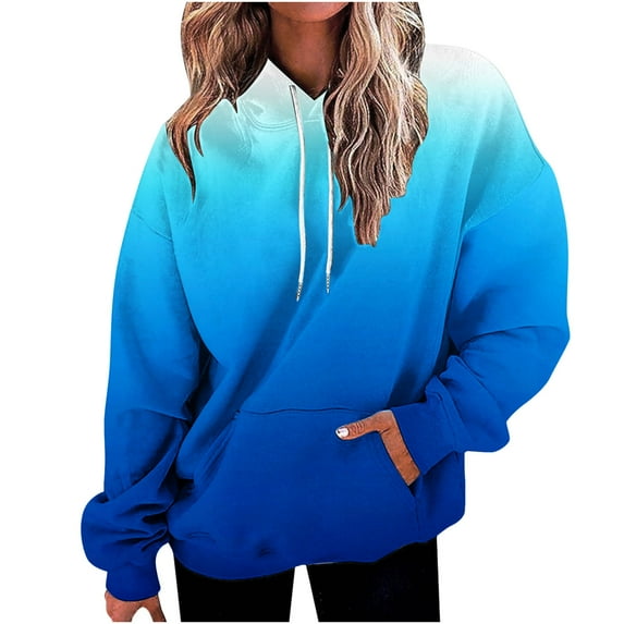 Hoodies for Women Casual Gradient Printing Long Sleeve Sweaters Boat Neck Drawstring Oversize Hooded Autumn & Winter Loose Pullover Elastic Tops for Women 2023(Blue,XXXL)