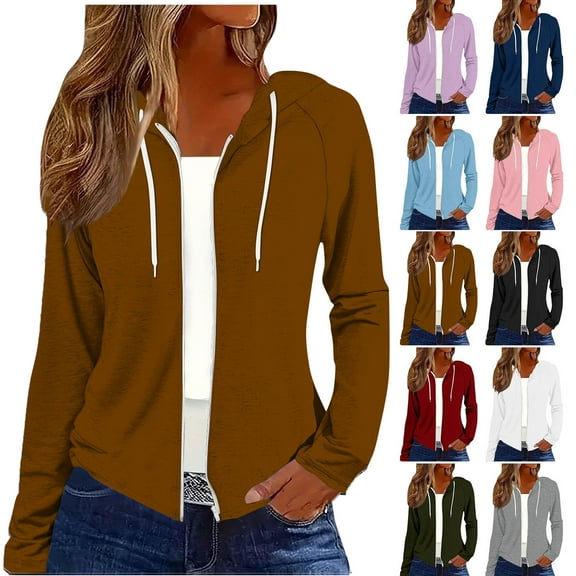 Hoodies for Women Fall Cute Jacket Oversized Casual Sweatshirts with Pocket Ndbuld Women's and Women's Plus Zip Up Fleece Jacket with Hood, Sizes XS-4X,Brown,M