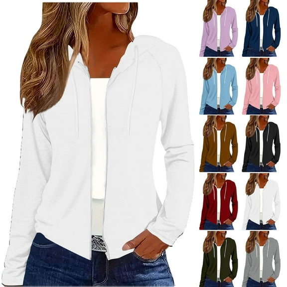 Hoodies for Women Fall Cute Jacket Oversized Casual Sweatshirts with Pocket Ndbuld Women's and Women's Plus Zip Up Fleece Jacket with Hood, Sizes XS-4X,White,L