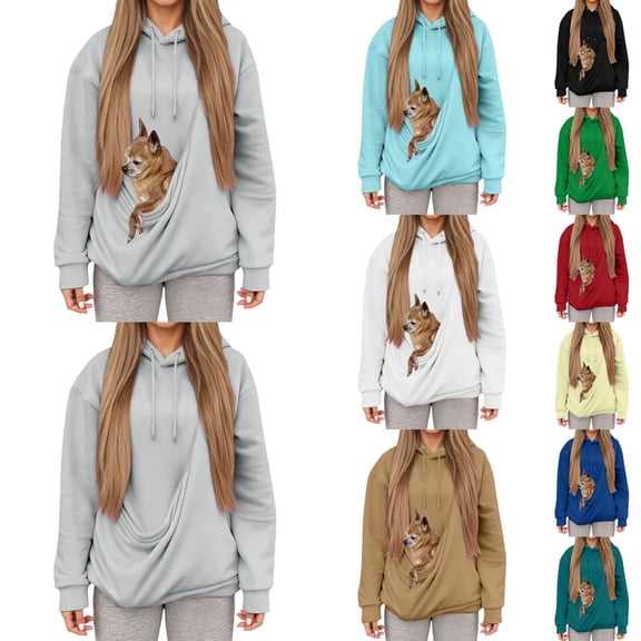 Hoodies for Women Fall Winter Pullover Hooded Sweatshirt with Kangaroo Pocket Pouch For Cats Dogs Soft Cute Casual Comfortable Womens Hoodies Light Gray S