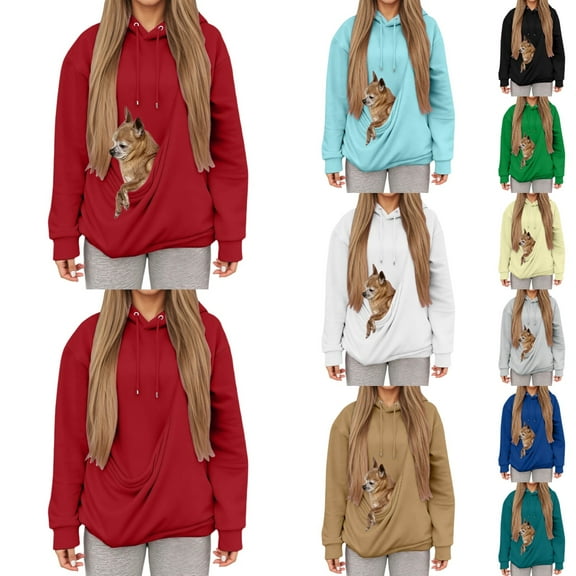 Hoodies for Women Fall Winter Pullover Hooded Sweatshirt with Kangaroo Pocket Pouch For Cats Dogs Soft Cute Casual Comfortable Womens Hoodies Red XXXL