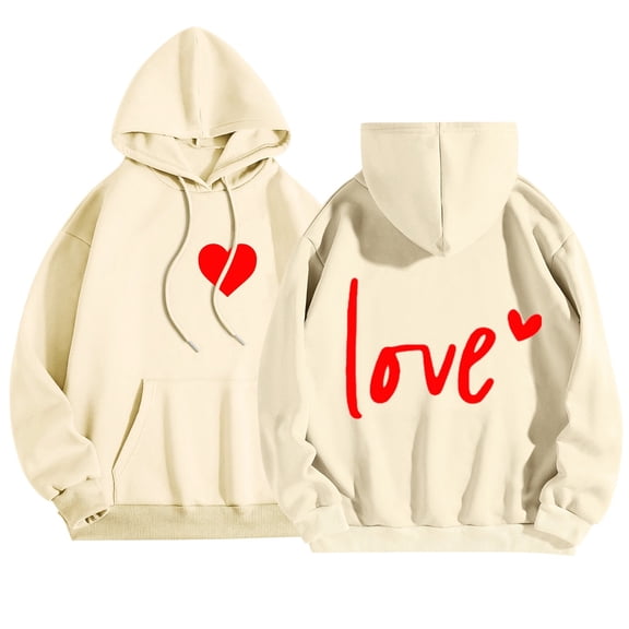 Hoodies Women Fall Winter Women's Valentine's Day Couples Matching Letter Print Hooded Long Sleeve Lightweight Casual Pullover Sweatshirts for Women Beige S