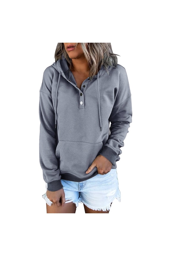 Hoodies for Women Fashion Hoodies & Sweatshirts Long Casual Down For Womens Pocket Hooded Sweatshirts Pullover Sleeve Button V Drawstring Hoodies Neck Women's Hoodies & Sweatshirts Gray L