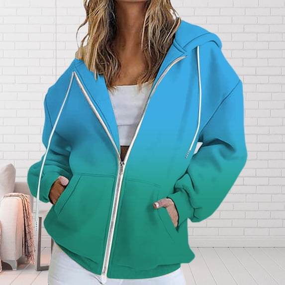 Hoodies for Women Fashion Hoodies & Sweatshirts Women's Fall Jacket Oversized Pocket Sweatshirt Casual Clothing Zipper Track Jacket Solid Color Long Sleeve Tops Blue M