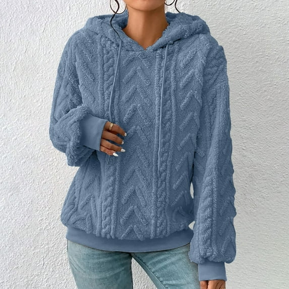 Hoodies for Women Fashion Hoodies & Sweatshirts Women's Solid Plush Spliced Women's New Solid Hooded Thickened Jacquard Long Sleeve Sweater Coat Top Blue L