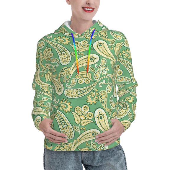 Hoodies for Women - Green Yellow Paisley Comfrt Colour Drawstring Women'S Fashion Hoodies & Sweatshirts, Fall Outfits Clothes for Women 2024 Pullover with Kangaroo Pocket