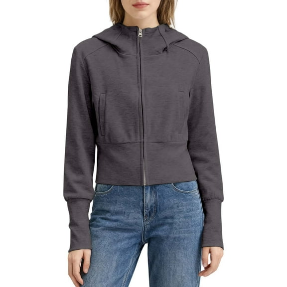 Hoodies Women Grey Zip Up Cropped Hoodies for Women Casual Long Sleeve Women Pullover Hoodie Trendy Hoodies for Women M