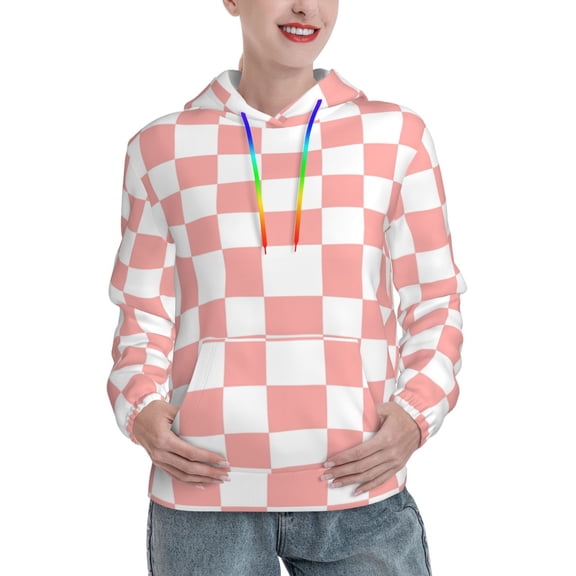Hoodies for Women - Groovy 70s vintage pink white Grid Comfrt Colour Drawstring Women'S Fashion Hoodies & Sweatshirts, Fall Outfits Clothes for Women 2024 Pullover with Kangaroo Pocket