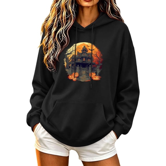 Hoodies for Women Halloween Graphic Printing Sweatshirts Long Sleeve Pullover Hooded Hoodie Casual Comfortable Fall Hoody Tops with Kangaroo Pocket Women's Halloween Costumes