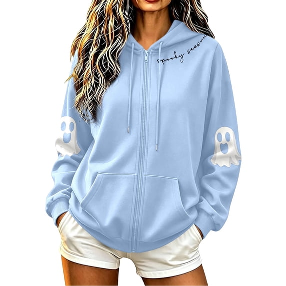Hoodies Women Halloween Long Sleeve Sweatshirt Classic Print Zip Casual Tops With Pockets Fleece Lined
