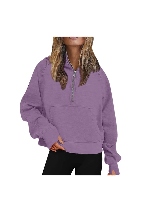 Hoodies for Women Hooded Zip Up Pocketed Oversized Sweatshirt For Fall & Winter plus Size Pullover Sweaters Running Quarter Zip Women Colla Long Sleeve Shirt Sports Sweatshirts Hoodies Neck Purple M