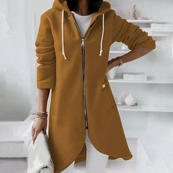 Hoodies for Women Zpanxa Women's Solid Color Zip up Hoodie, Long Irregular Hem Long Coat, Plus Size Winter Warm Sweatshirts Jackets Hoodies Outerwear with Pockets Coffee M