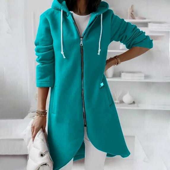 Hoodies for Women Zpanxa Women's Solid Color Zip up Hoodie, Long Irregular Hem Long Coat, Plus Size Winter Warm Sweatshirts Jackets Hoodies Outerwear with Pockets Mint Green L