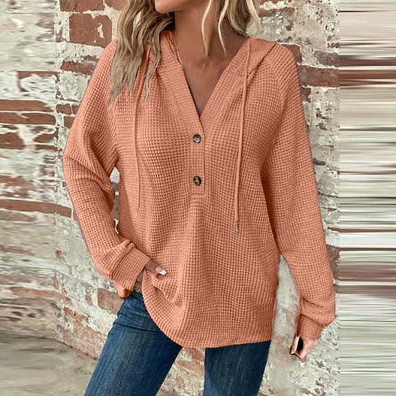 Hoodies For Women Knit Long Sleeve Drawstring Button V Neck Casual Pullover Sweatshirt Hooded Tops Full Zip Athletic Jacket Juniors Sweaters Trendy Funnel Neck Sweatshirts for Women Juniors