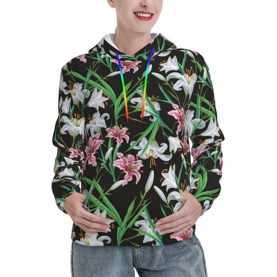 Hoodies for Women - Lilies Flowers Black Pink Comfrt Colour Drawstring Women'S Fashion Hoodies & Sweatshirts, Fall Outfits Clothes for Women 2024 Pullover with Kangaroo Pocket