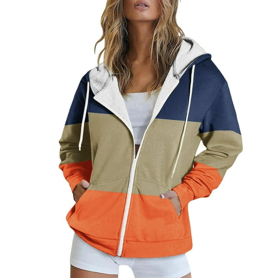 Hoodies for Women New Comfortable And Fashionable Color Block Printed Zipper Top Hooded Sweater Petite Medium Sweatshirt Women Hoodie Sweatshirt Crop Top Coat Sports Pullover Tops Orange M