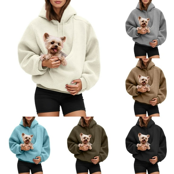 Hoodies for Women Oversized Pullover Hooded Sweatshirt with Large Pocket Front Carry Pouch for Small Cats Dogs Soft Fall Winter Loose Casual Womens Hoodies White L