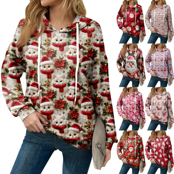Hoodies For Women Oversized Winter Cute Sweatshirts Pullover Trendy Fall Clothes, Christmas Print Lightweight Design without Pockets for Comfortable Fall Winter Wear,Light pink,M