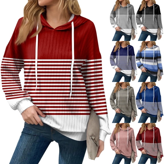 Hoodies For Women Oversized Winter Cute Sweatshirts Pullover Trendy Fall Clothes, Striped Print Lightweight Design without Pockets for Fall Winter Casual Wear,Deep Red,2XL