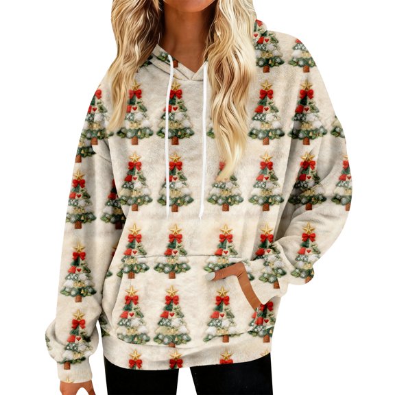 Hoodies for Women Oversized Winter Plush Cute Sweatshirts Pullover Trendy Fall Winter Clothes with Christmas Print for Comfortable Seasonal Wear,Army Green,L