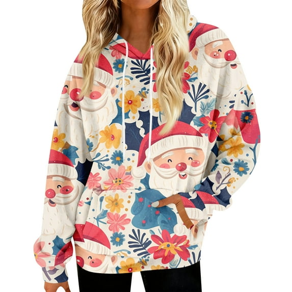 Hoodies for Women Oversized Winter Plush Cute Sweatshirts Pullover Trendy Fall Winter Clothes with Christmas Print for Comfortable Seasonal Wear,Blue,S