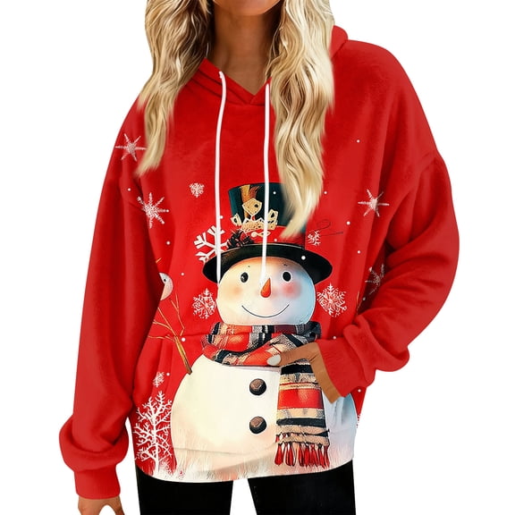 Hoodies for Women Oversized Winter Plush Cute Sweatshirts Pullover Trendy Fall Winter Clothes with Christmas Print for Comfortable Seasonal Wear,Deep Red,S