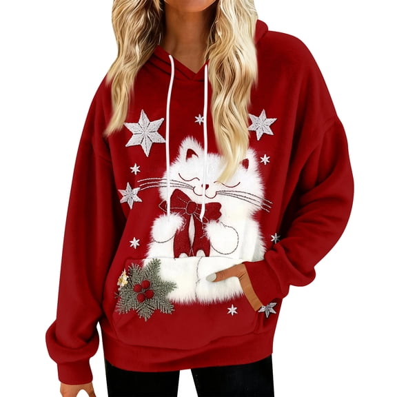 Hoodies for Women Oversized Winter Plush Cute Sweatshirts Pullover Trendy Fall Winter Clothes with Christmas Print for Comfortable Seasonal Wear,Deep Red,S