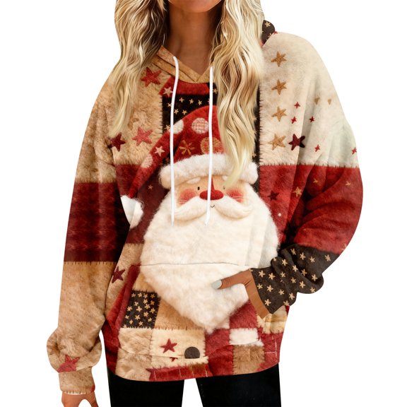 Hoodies for Women Oversized Winter Plush Cute Sweatshirts Pullover Trendy Fall Winter Clothes with Christmas Print for Comfortable Seasonal Wear,Deep Red,XL