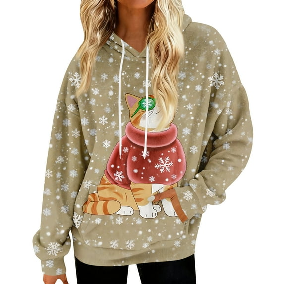 Hoodies for Women Oversized Winter Plush Cute Sweatshirts Pullover Trendy Fall Winter Clothes with Christmas Print for Comfortable Seasonal Wear,Khaki,XL