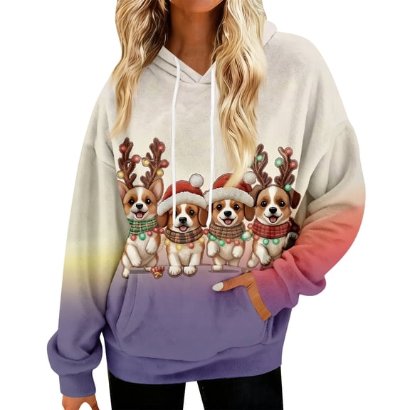 Hoodies for Women Oversized Winter Plush Cute Sweatshirts Pullover Trendy Fall Winter Clothes with Christmas Print for Comfortable Seasonal Wear,Purple Pink,S
