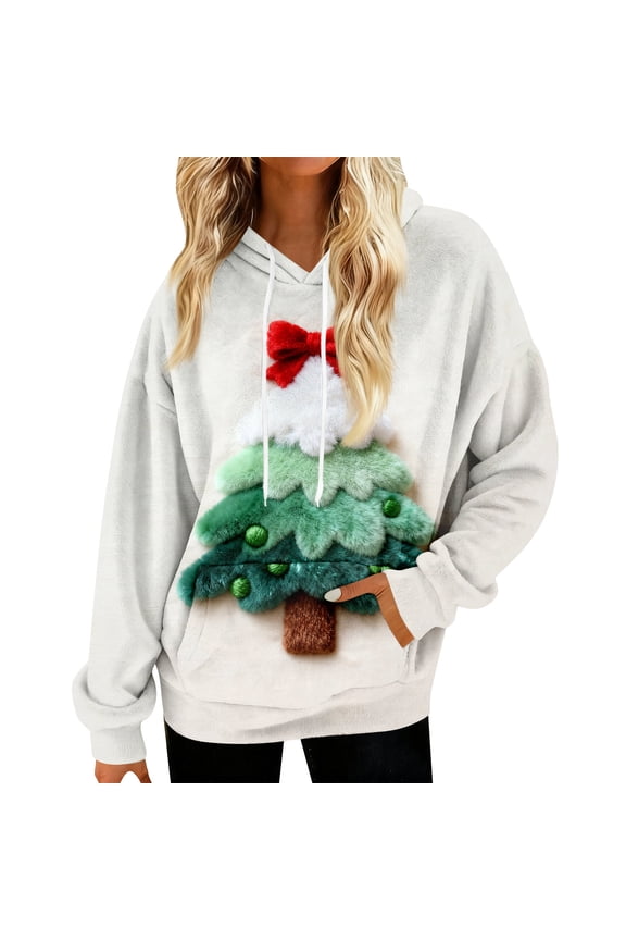 Hoodies for Women Oversized Winter Plush Cute Sweatshirts Pullover Trendy Fall Winter Clothes with Christmas Print for Comfortable Seasonal Wear,White,S