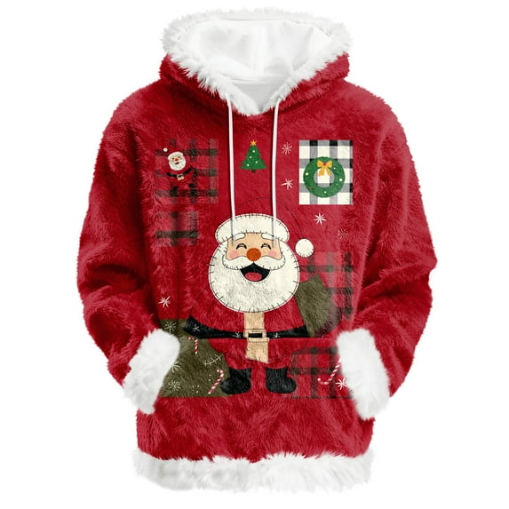 Hoodies For Women Oversized Winter Plush Cute Sweatshirts Pullover Trendy Fall Winter Clothes, Christmas Print Flannel Hoodie, Comfortable and Warm,Deep Red,S