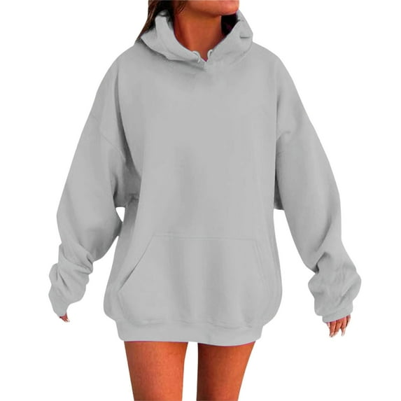 Hoodies for Women Plus Size Fall Winter Outdoor Workout Hooded Pullover Tops Loose Warm Solid Color Long Sleeve Letter Printed Sweatshirt for Women Silver S