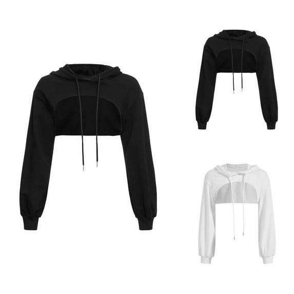 Hoodies for Women Pullover Hoodie Women's Large Size Casual Long Sleeved Solid Color Irregular Personality Navel Ultra Short Long Sleeved Top Hooded Loose Sweatshirt Black - M
