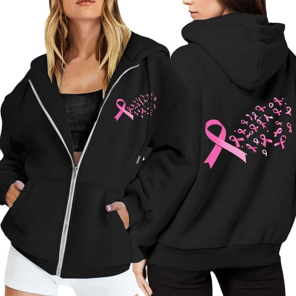 Hoodies for Women Quarter Zip Pullover Vintage Style Women's Zip Up Hoodie Pullover Cancer Awareness Month Long Sleeve Pocket Drawstring Casual Sweatshirt For Everyday Wear