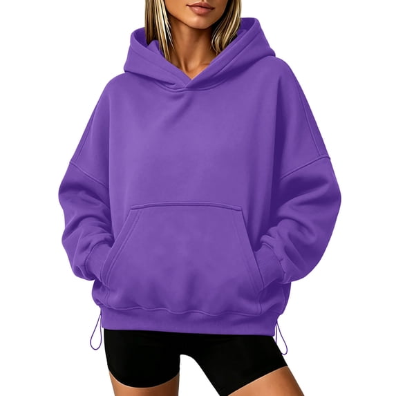 Hoodies Women Solid Long Sleeve Pullover Sweatshirt Tops Casual Waist Cinching Cropped Outfits Fall Winter Apparel