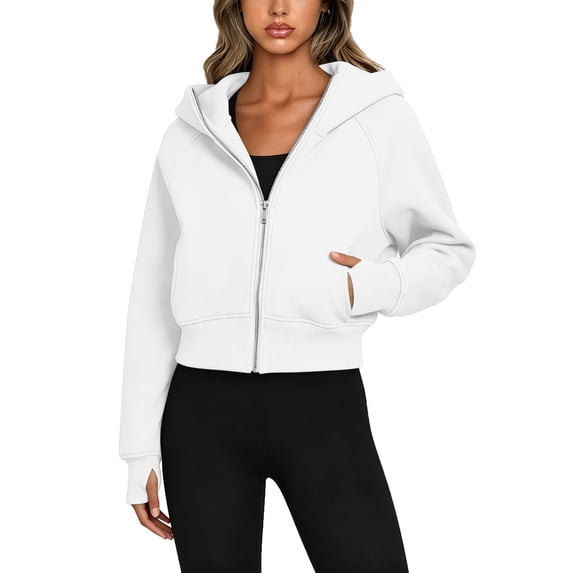 Hoodies Women Solid Long Sleeve Sweatshirt Casual Zip Up Cropped Pullover Tops Fleece Lined Winter