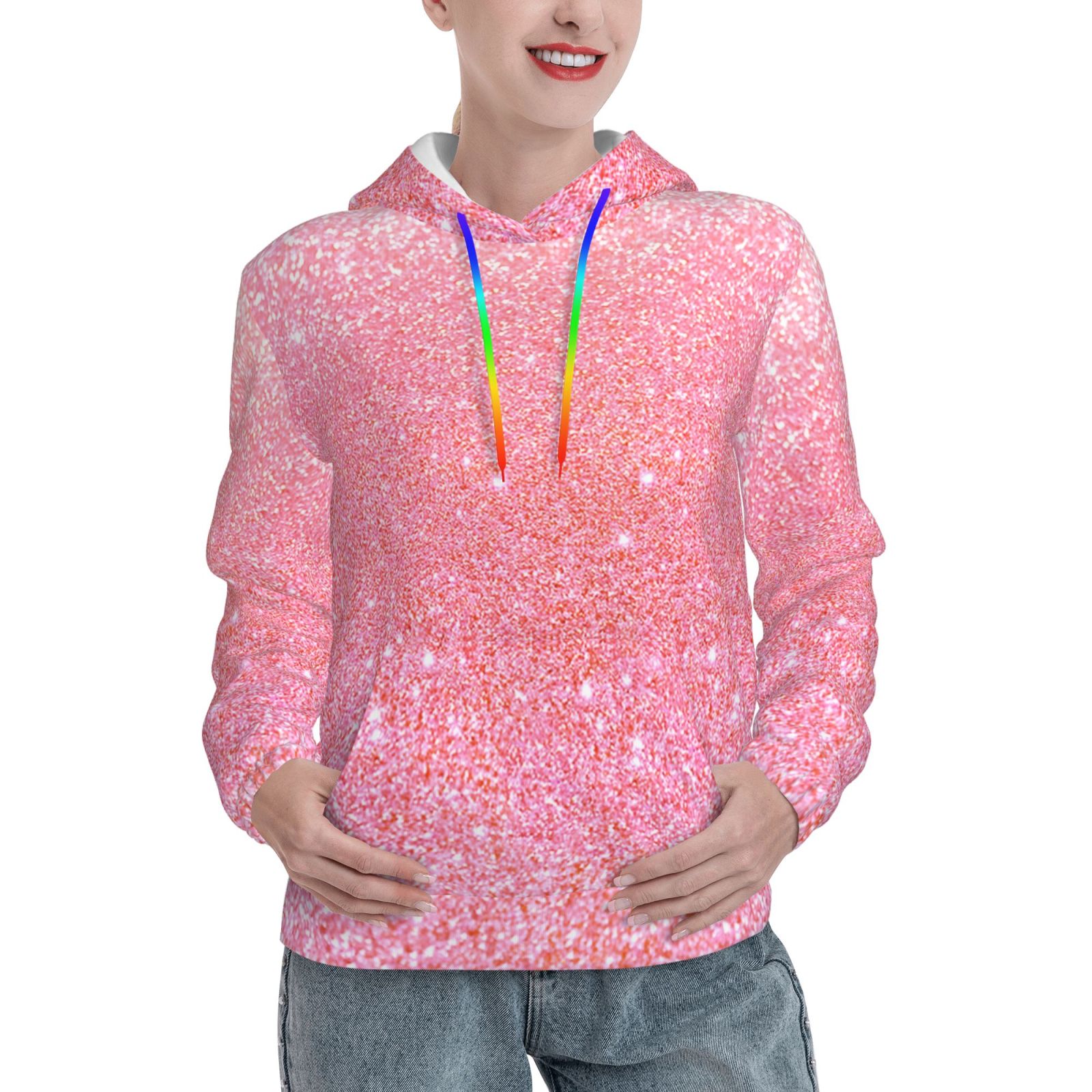 Hoodies for Women - Sparkly Pink Glitter Comfrt Colour Drawstring