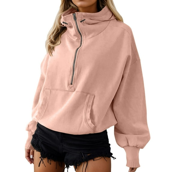 Hoodies for Women Spring Fall Winter Warm Long Sleeve Casual Quarter Zip Pullover Sweatshirt with Pockets Solid Color Comfortable Loose Trendy Sweatshirts for Women Light Pink M