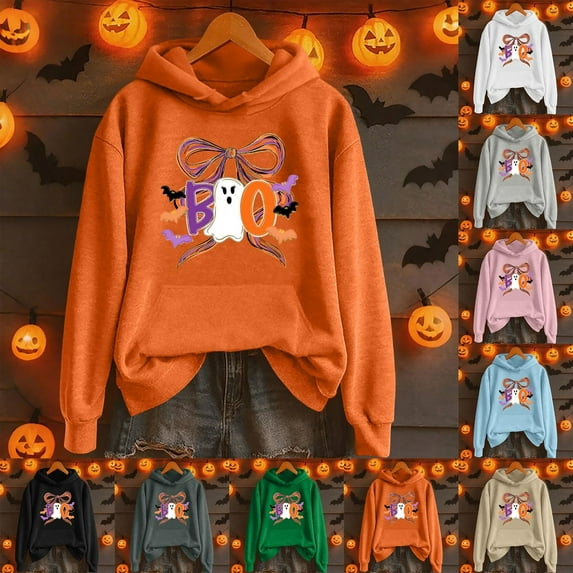 Hoodies Women Trendy Boo Hoodies Halloween Pullover Sweatshirt Long Sleeve Streetwear Pullover Sweatshirts Women Pink XL