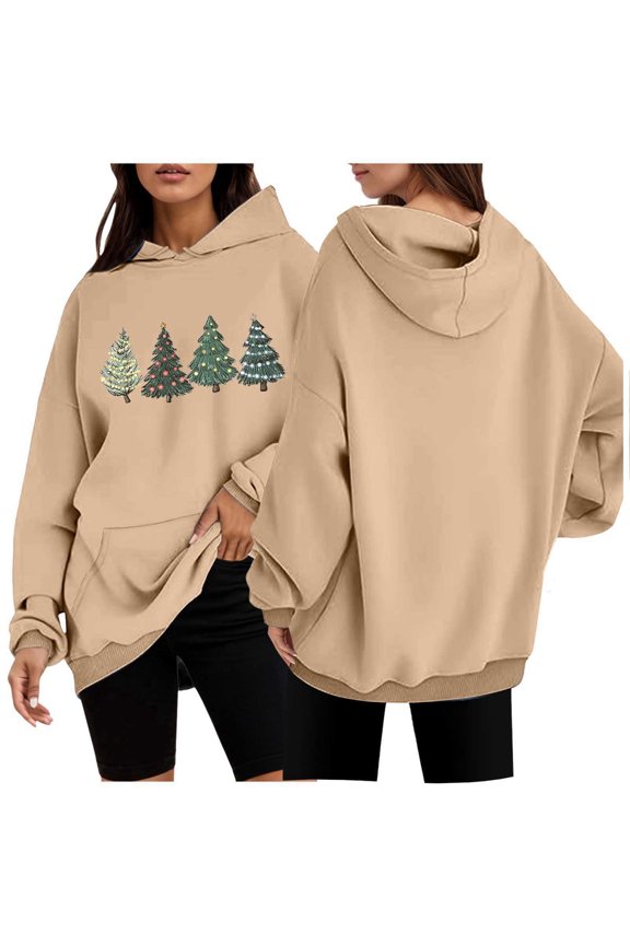 Hoodies Women Trendy Pullover Christmas Tree Print Hooded Long Sleeved Sweatshirts Fall Outwear