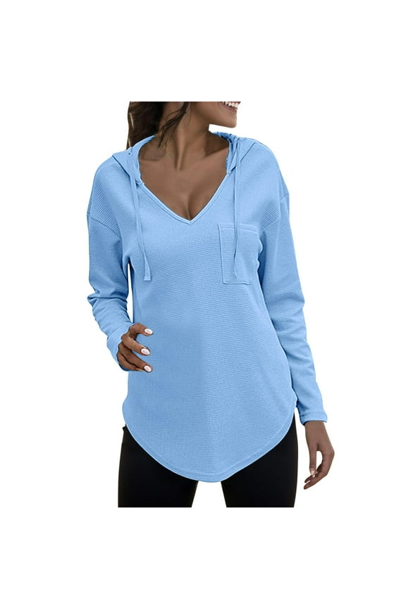 Hoodies for Women V Neck Hoodies Long Sleeve Sweatshirt Drawstring Pullover Tops With Pocket Sweatshirt with Hoodie for Women Sweat Shirts Long Sleeve Sweaters Elderly Western Things Blue 2XL