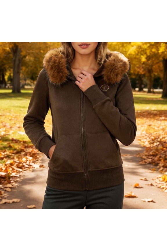 Hoodies for Women Vintage FauxCollar Solid Print Hooded Long Sleeve Pockets Zip Up Cinch Waist Cropped Cozy Jacket for Everyday Wear Womens Sweatshirts Brown M