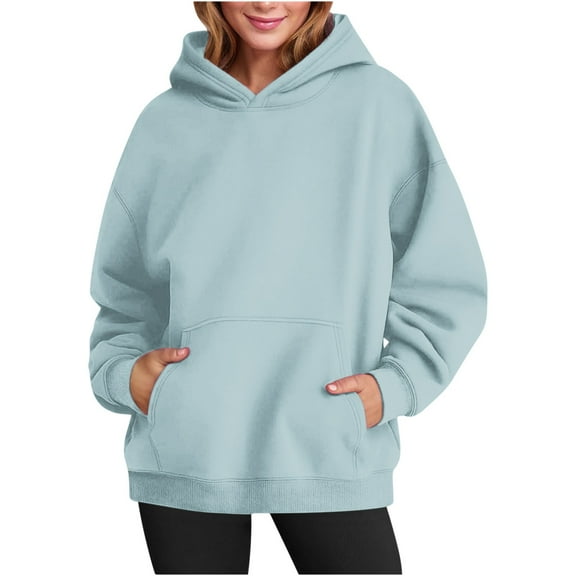 Hoodies for Women,Woman Oversized Sweatshirts Plain Hooded Sweatshirt Solid Color Fleece Hoodie with Pockets Comfortable Pullover Tops Loose Fit Sweaters Hoody Plus Size 03-Light Blue L