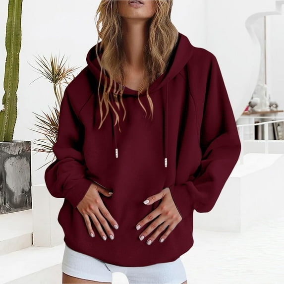 Hoodies for Women Womens Plus Size Pullover Hoodies Tops Cozy Fleece Fashion Drawstring Hooded Sweatshirt with Pocket Ndbuld Casual Women's Fashion Solid Long Sleeve Hooded Tops Sweatshirts Wine L