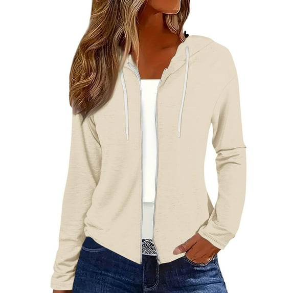 Hoodies for Women, Yigetop Zip Up Jackets for Women 2025 Fall Basic Lightweight Sweatshirt Print Long Sleeve Shirts Drawstring Full Zip Hoodies Lightweight Zip Up Hoodie Women Beige L