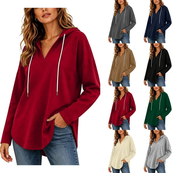 Hoodies for Women Zaewscy Women's V-neck Hooded Sweatshirt Long Sleeved Drawstring Hooded Pullover Casual Loose Fall And Winter Curved Hem Sweatshirt Red L