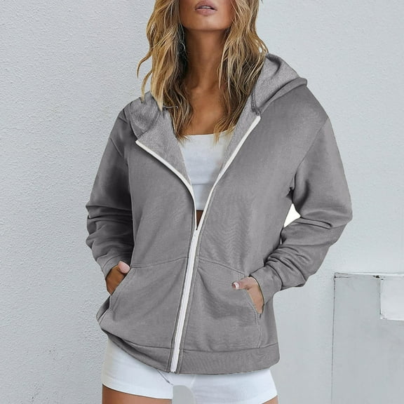 Hoodies for Women Zip up Jacket, Casual Long Sleeve Hooded Sweatshirts with Pockets Full Zip Jackets for Fall Winter Warm Fleece Jackets Sweater Coat Gray XXL