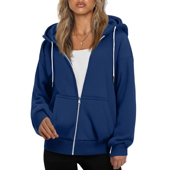 Hoodies Women Zip Up Hoodie Oversized Sweatshirt Fleece Jackets Spring Fall Winter Coats 2026 Fashion Royal Blue XL